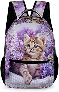 Niapessel Kids Backpack for School, Cute Kitten Purple Flower Pattern Students Bookbags School Bags Girls Boys