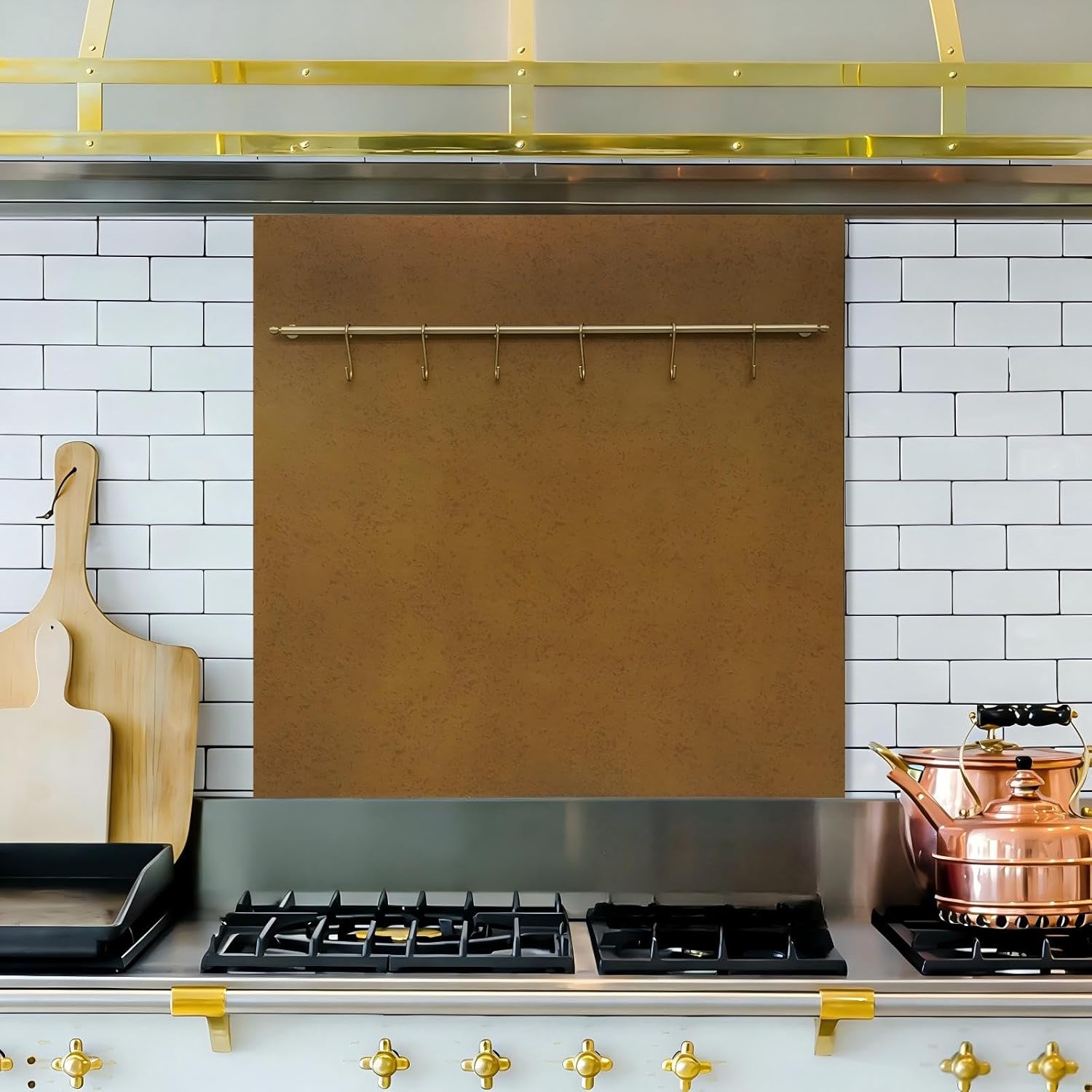 Fietrexa 29.5“x29.5” Aged Brass Finish 304 Stainless Steel Rang Hood Backsplash with Solid Brass Rail & S Hooks,Stove Backsplash,Vintage Style,Kitchen Wall Splash Guard.