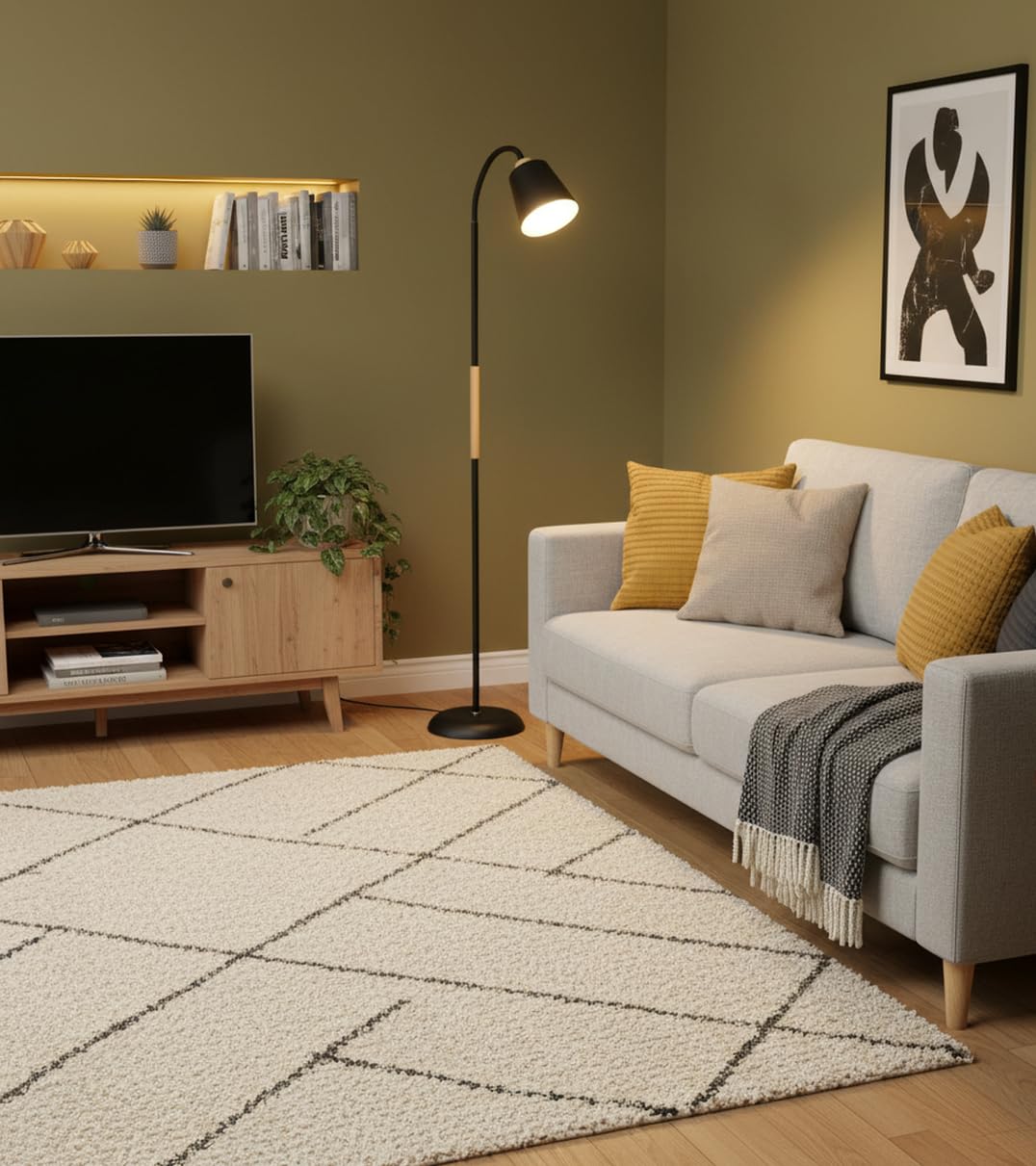 BEL AIR HOME - Lámpara de Pie SWEDEN - Metal Madera Altura 150cm Acabado Mate Brazo Orientable Portalámparas E27 Iluminación Escandinava para Salón y Lectura (NEGRO)