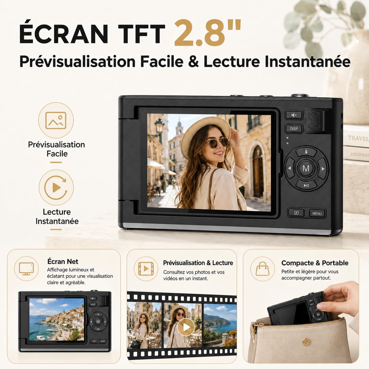 Cámara Digital 5K Selfies Pantalla 180° con Espejo para Principiante Negro