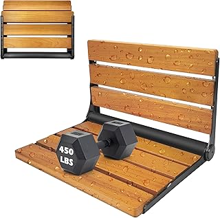 Folding Shower Seat Teak, Folding Shower Seat Wall Mounted, Foldable Shower Chair for Home Care, 450 lbs Capacity (Black-Colored Stainless Steel, 13'' D x 17'' W x 10'' H)