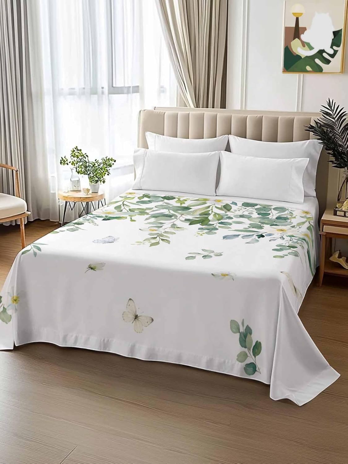 Top Sheet Twin XL Bedding Flat Sheet Only, Summer Eucalyptus Leaves Flowers Microfiber Bed Sheets Soft Breathable Bedding Flat Sheets, Country Floral Art Hotel Luxury Top Sheets