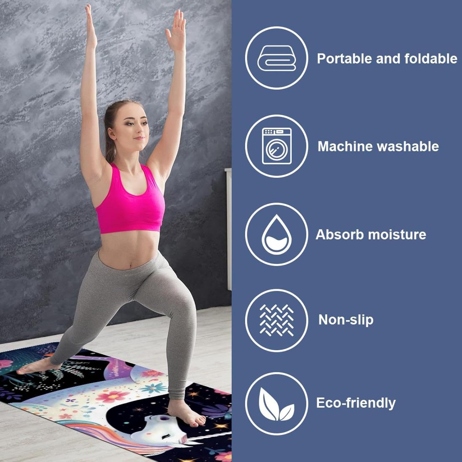 Yoga Towel, Galaxy Unicorn Pattern Non Slip Sweat Absorbent Hot Yoga Mat Towel for Hot Yoga, Pilates and Fitness - 72.8" x 26.8"