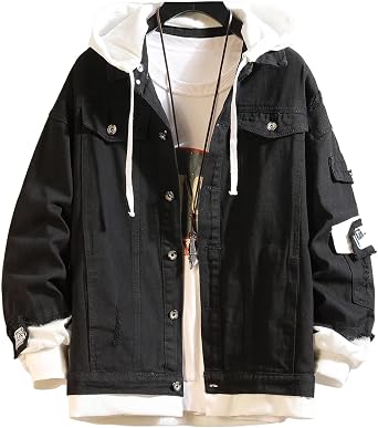 babyhealthy Men Denim Jacket with Hood Casual Button Down Jean Trucker Jacket Hoodies