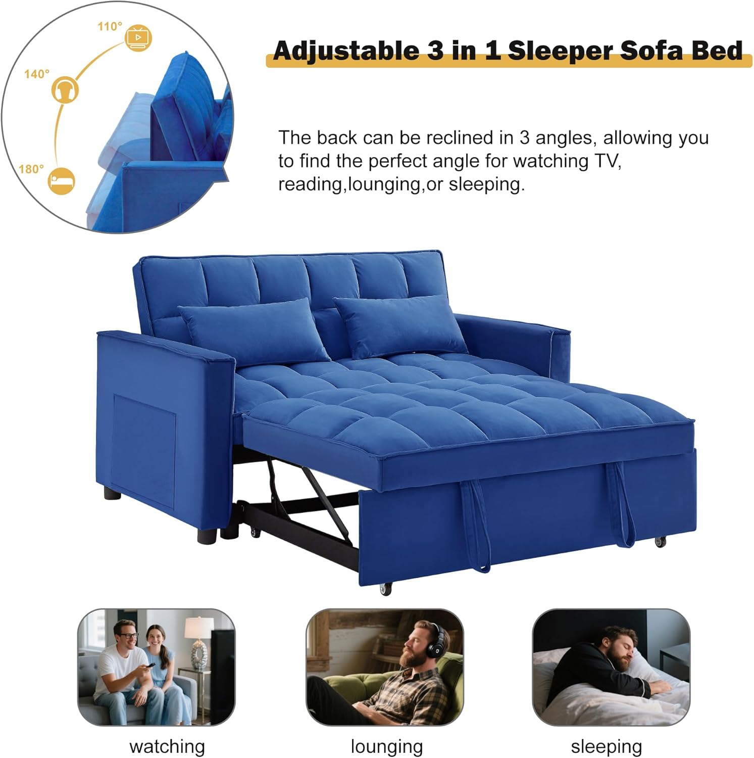 FONTOI 3 in 1 Sleeper Sofa Bed, Futon Sofa Bed for Living Room with Side Pocket, Blue Sleepers Sofas Couch with Pullout Beds, Convertible Love Seat Sleepers couch for Living Room, Bedroom, Small Space