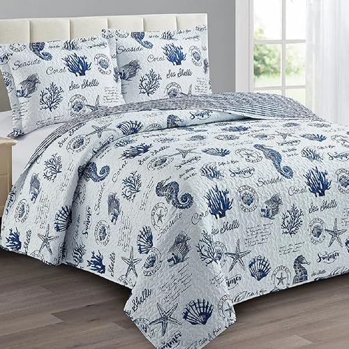 Miniatura 2 de Royal Tradition Seaside Sea Shells Colchas Reversibles, Juego de Edredón de 3 Piezas Tamaño California King Extra Grande (110 Pulgadas de Ancho x 96
