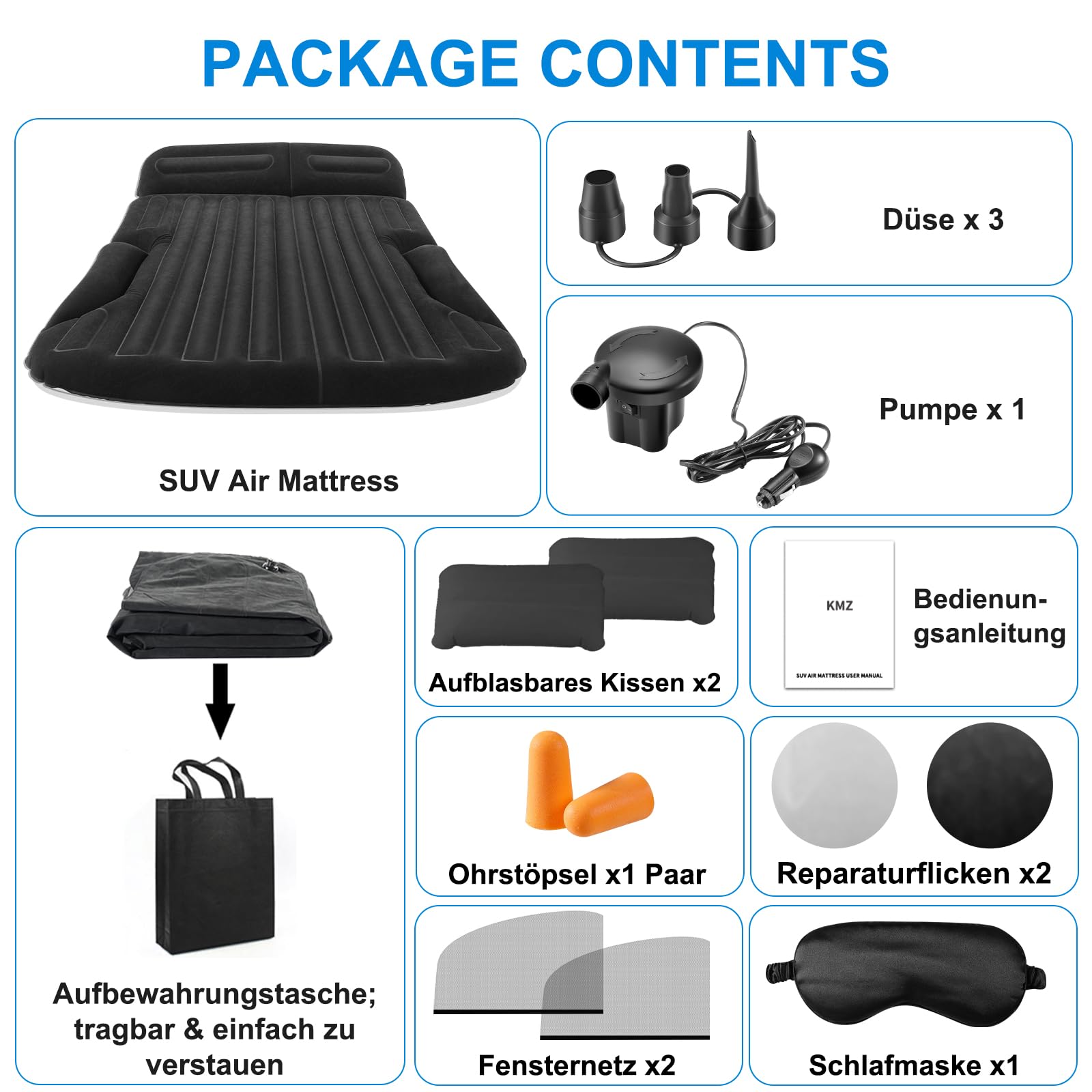 KMZ Auto Luftmatratze für SUV und Auto, Aufblasbares Autobett für Camping, Doppelseitig Beflockte Automatratze für Kofferraum und Rückbank