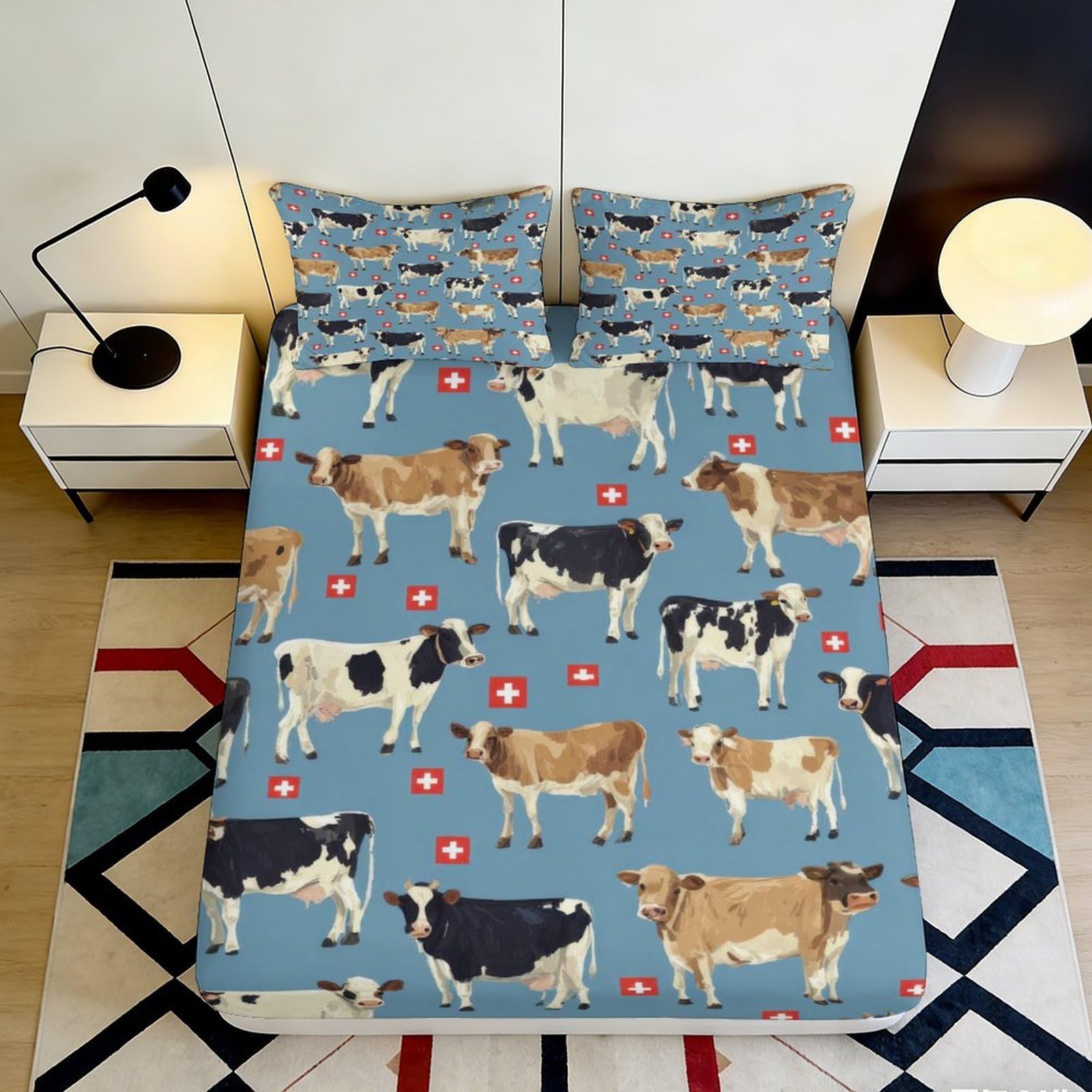 Dhbaneiok Style-4 3D Printed Swiss Cows Fitted Sheet Microfiber Blue Pastoral Farm Mattress Cover Bedroom Decor Anti-Slip Machine Washable 90X200x25cm