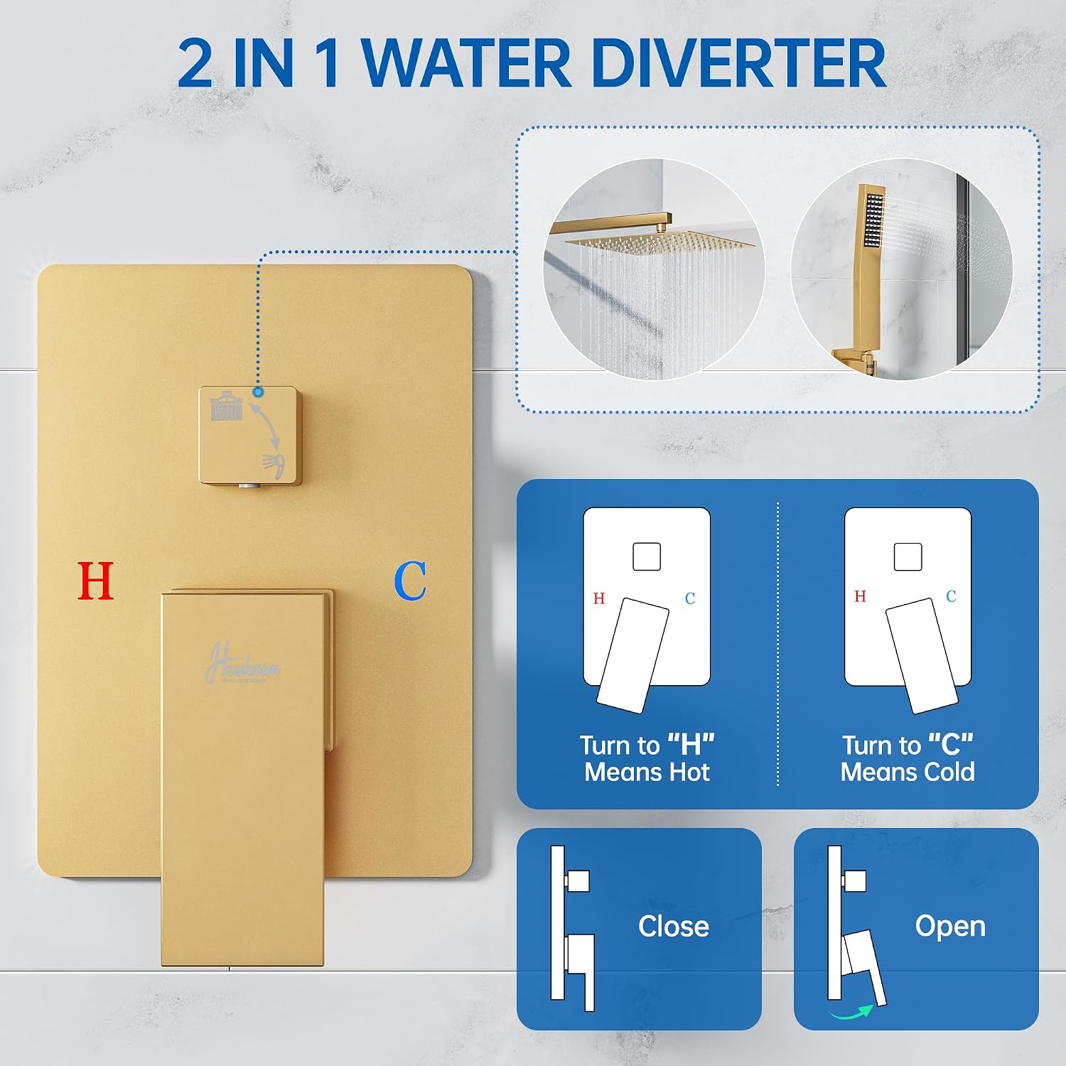 Hawkrown 12 Inch Luxury Rain Shower Faucet Set, Brushed Gold Shower System with Rainfall Shower Head and Handheld Spray, SUS304 Stainless Steel and Solid Brass Wall Mounted Shower Valve Trim Kit