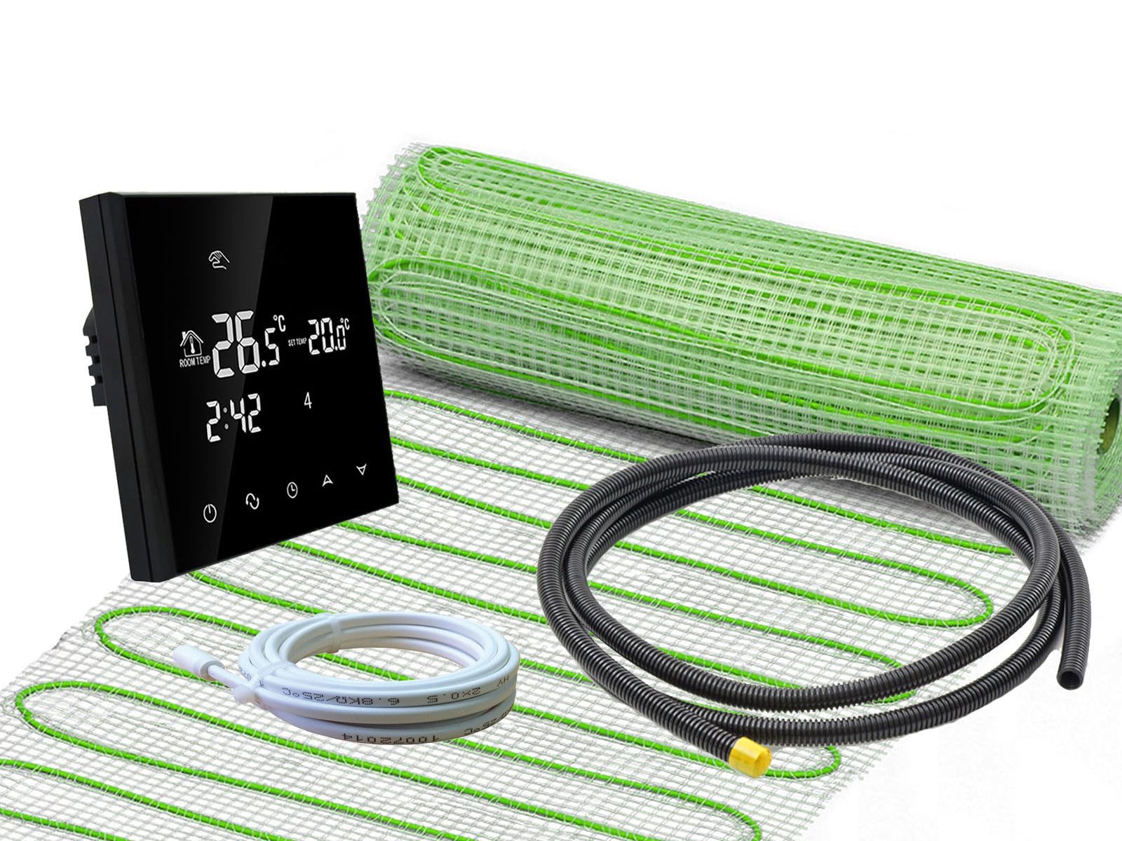 Komplett-Set elektrische Fußbodenheizung UltraPro 160 für Fliesen, Naturstein mit Thermostat RT-50 schwarz (4 m² - 0,5 x 8 m)