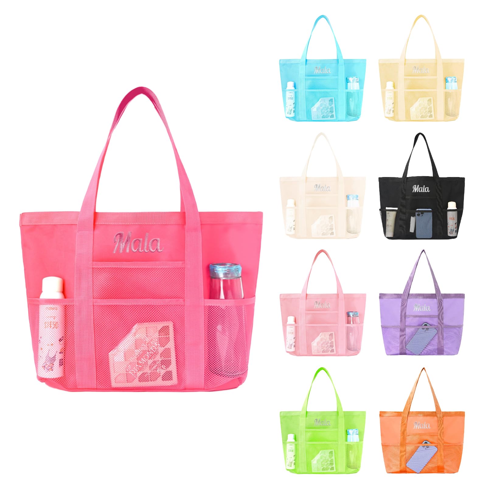 BUZCOZY Personalized Pink Beach Bag with Embroidered Name,Foldable Travel Tote，Custom Tote Bag Travel Essential