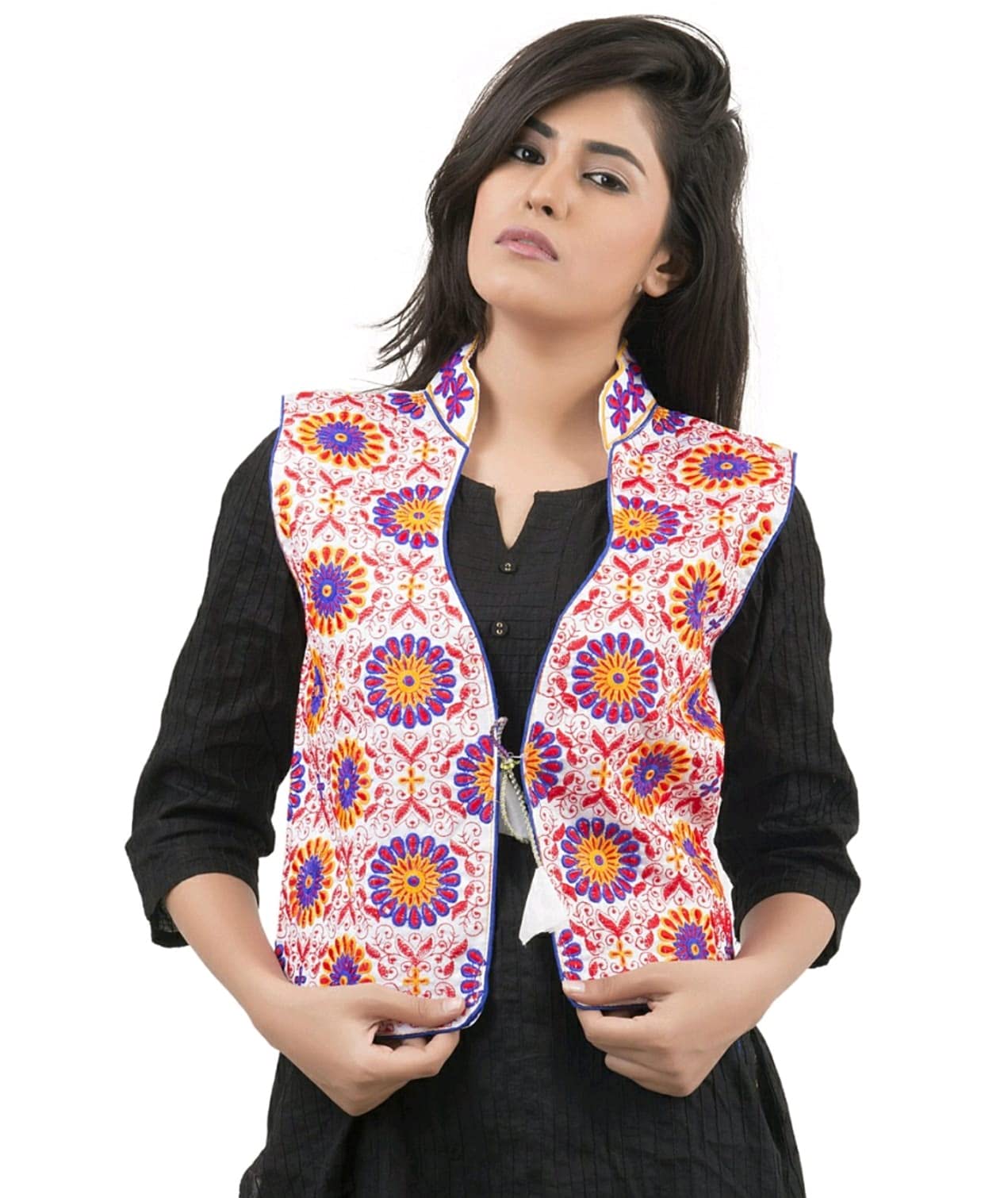 outer wear ayam exports Outerwear Ayam Exports Womens Multicolor Cotton Handmade Traditional Rajasthani Design front Embroidered Kutchi Work Jacket,Option1,Length: 19-20-picture-14