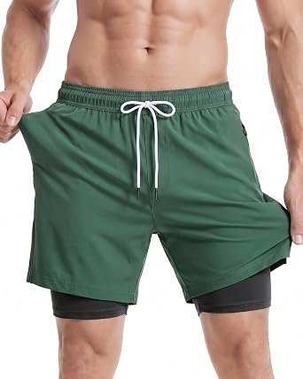 MaaMgic 7" Mens Swim Shorts with Compression Liner 4-Way Stretch Bathing Suit Swimming Shorts with Pockets