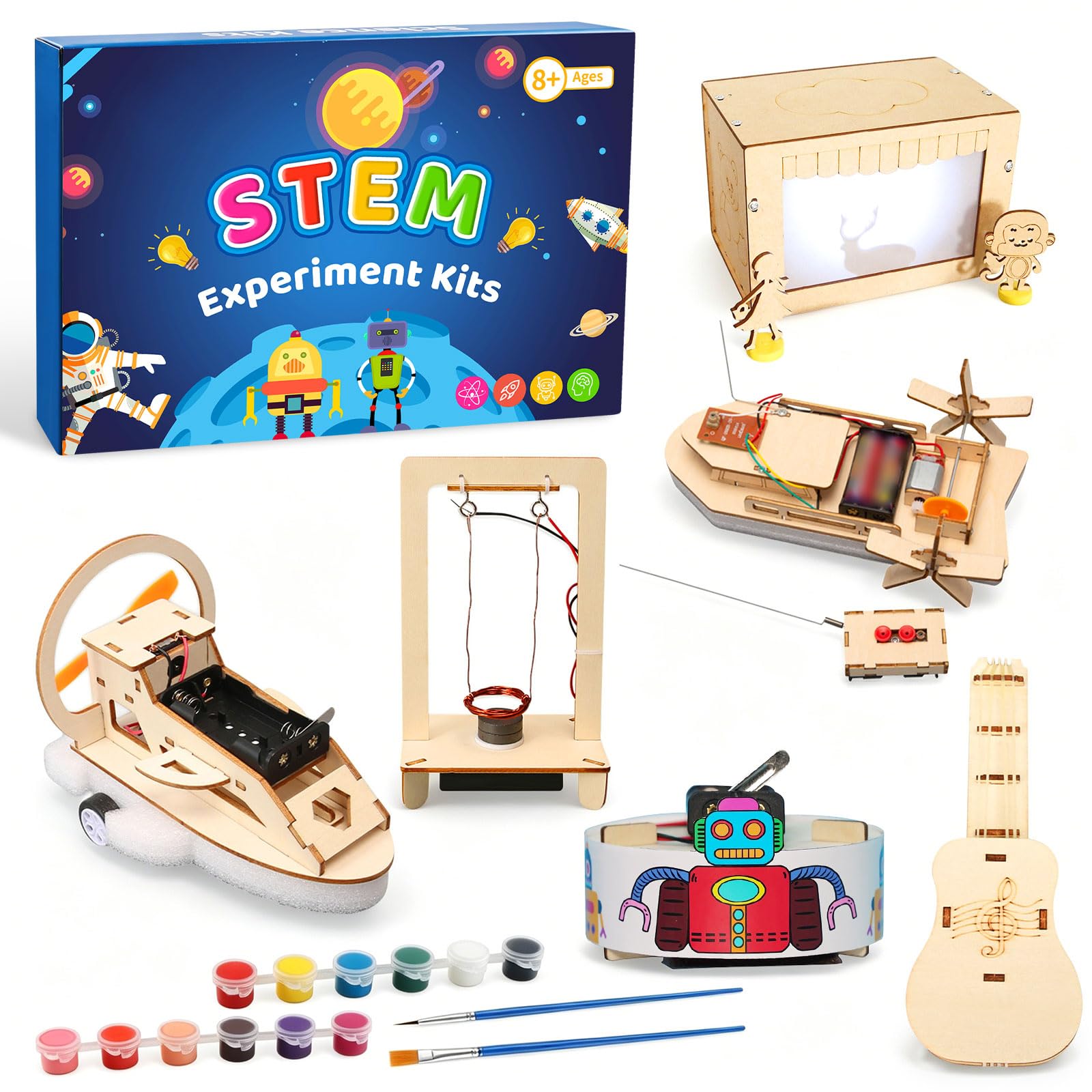 JTgugu 6 Pieces Science Experiments for Kids Ages 8 9 10 11 12 13 14, Electronics Kit DIY STEM Toy, Wooden Science Building Kit Set, 3D Puzzle Construction Experiment Kit, Gift for Boys Ages 8–14