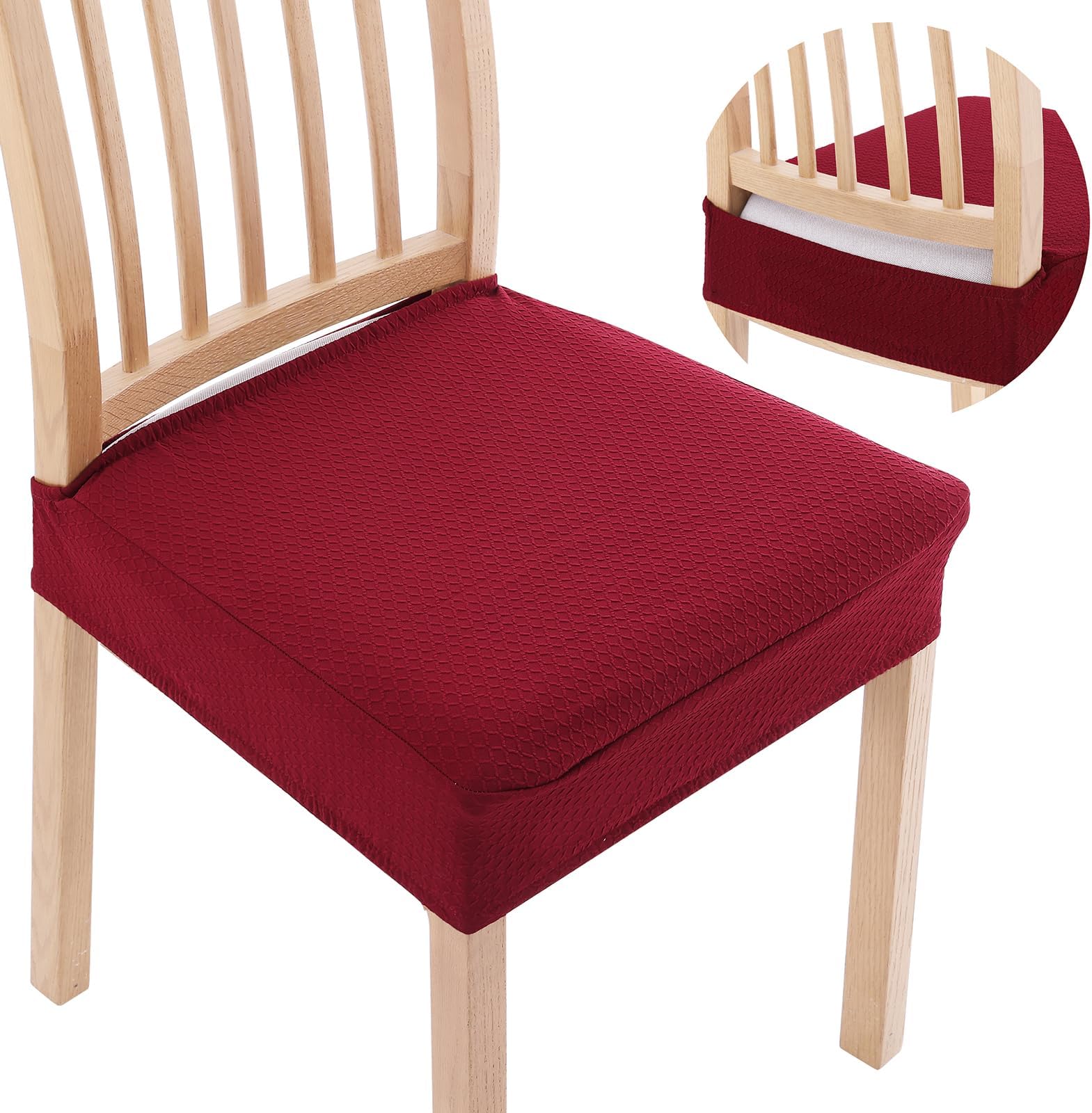 Smiry Stretch Jacquard Seat Covers for Dining Room Chairs Set of 6, Removable Washable Chair Seat Protector Slipcovers, No Rear Covers, Wine Red