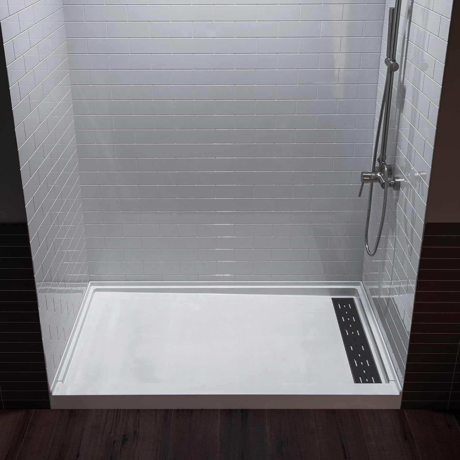 WOODBRIDGE Solid Surface 60" W x 32"D x 75"H Shower Wall Panel Surround kit in High Gloss White, 0.138" (3.5mm) Thick, Staggered Brick Pattern, Trimmable, Quick Install