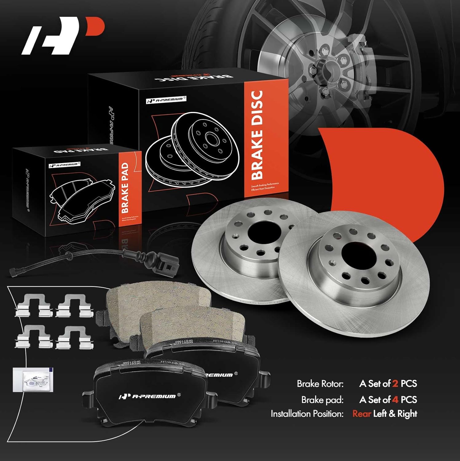 A-Premium 11.25 inch (285.80mm) Rear Solid Disc Brake Rotors + Ceramic Pads Kit Compatible with Select Volkswagen and Audi Models - Jetta 2005-2009, Passat, Tiguan, Eos, GTI, A3/A3 Quattro, 6-PC Set