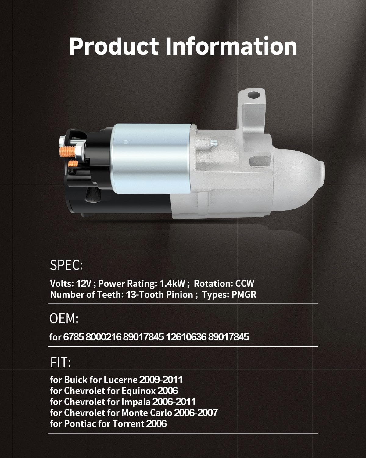 OCPTY Starter 6785 Fit for Buick Lucerne 2009-2011 3.9L for Chevrolet Chevy Equinox 2006 3.4L for Impala 2006-2011 Monte Carlo 2006-2007 3.5L / 3.9L for Pontiac Torrent 2006 3.4L