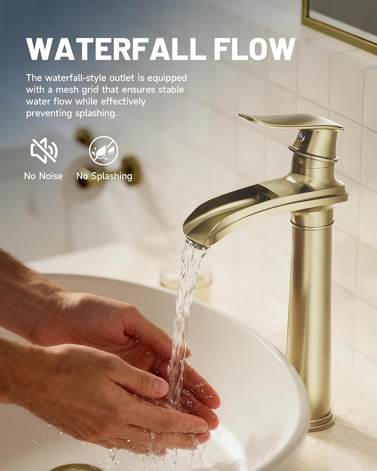 Vessel Sink Faucet Brushed Gold, 12 Inch Waterfall Bathroom Faucet Single Hole with Pop Up Drain Assembly and Supply Hoses, Single Handle Tall Bathroom Faucets Lavatory Vanity Mixer Tap Brass Body