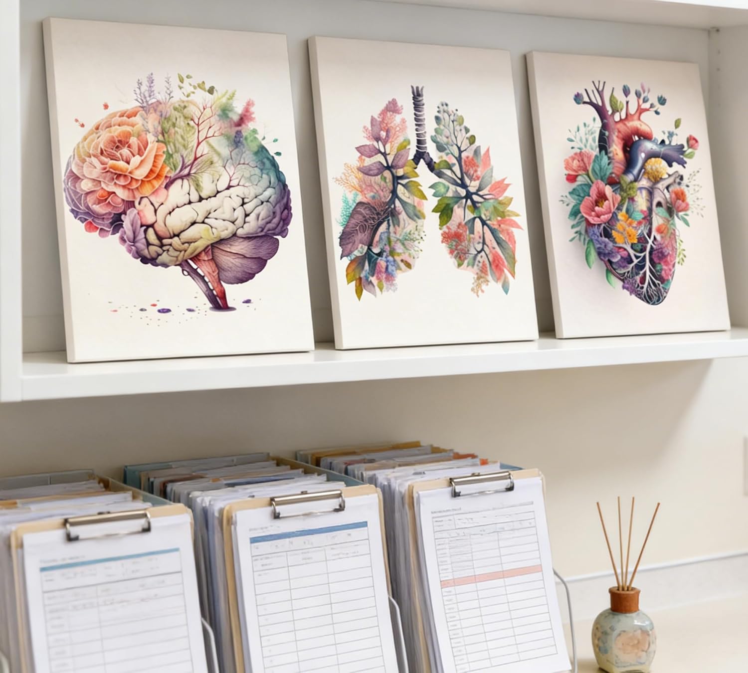 3 Pcs Floral Anatomy Canvas Wall Art - Watercolor Brain Lungs Heart with Flowers Prints, Abstract Medical Botanical Wall Decor for Doctor Office Hospital, Modern Framed Artwork Set Ready to Hang