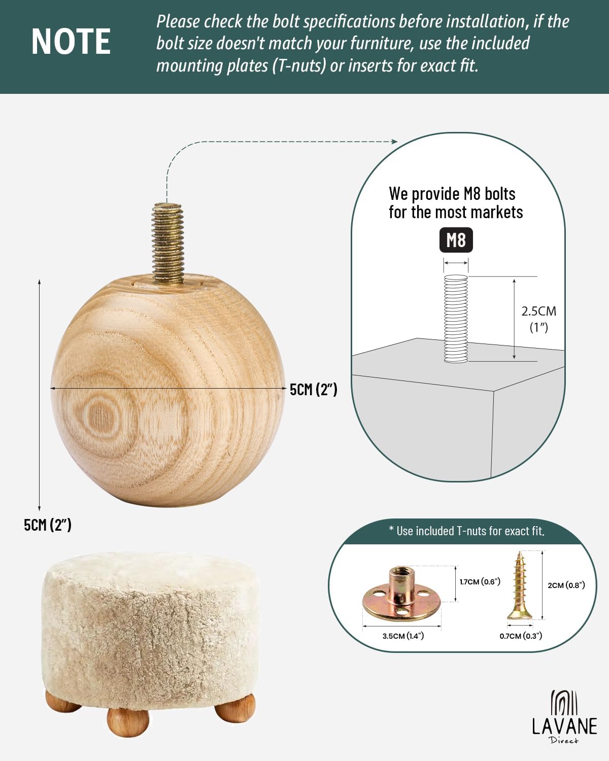 La Vane 2 inch Ash Wood Round Small Ball Furniture Bed Legs, Set of 4 Minimalist Modern Wooden Replacement Bun Feet Varnish with with M8 Bolt & Mounting Plate for Bed Sofa Dresser Cupboard Cabinet