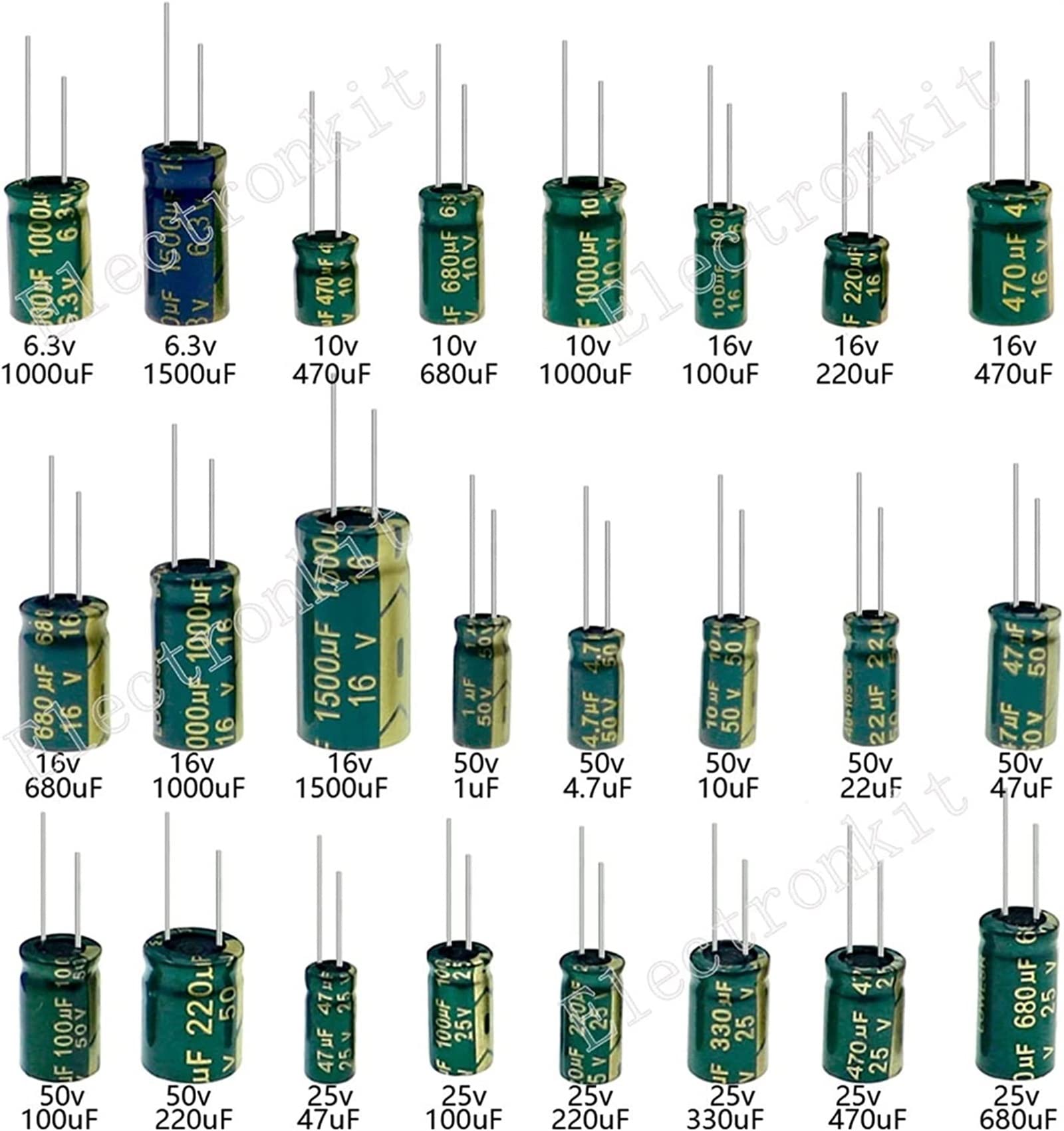 Accesorios electrónicos Kit de condensadores 360 unids/caja 24 valores conjunto de condensadores electrolíticos de alta frecuencia 1UF-1500UF condensadores de aluminio 6,3 V-50V condensadores ESR bajo