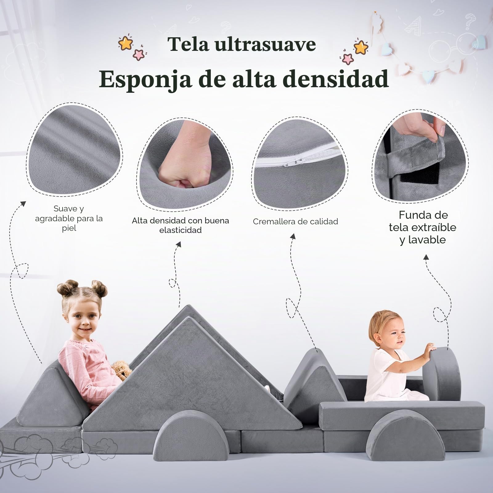 Sofá para niños, Juego de sofás para niños de 14 Piezas, Bloques de construcción de Espuma apilables, sofá de Juegos para niños para Zona de Dormir y Sala de Juegos (Gris)