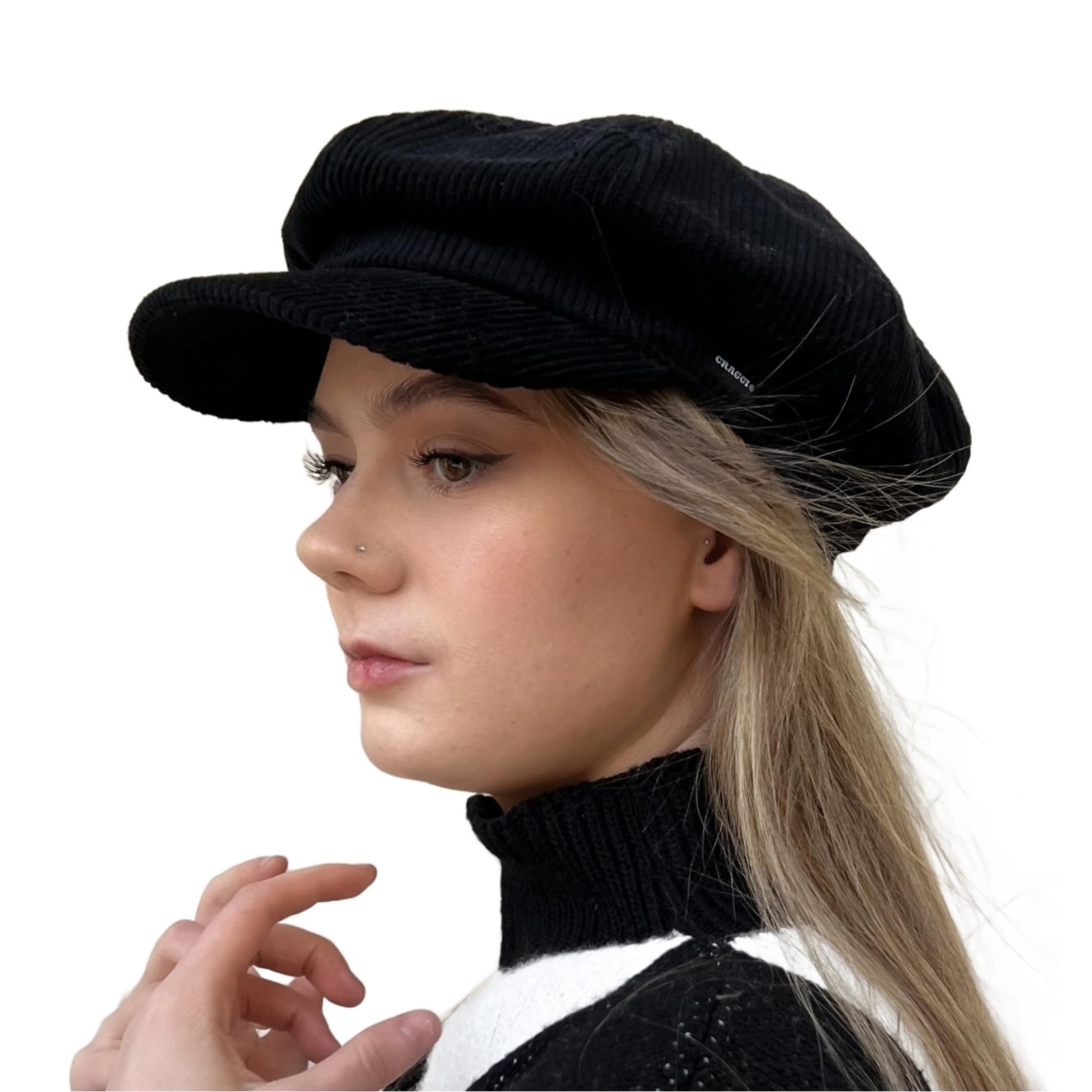 Craggi Women's Black Baker Boy Hat Newsboy Cap Cord Hat