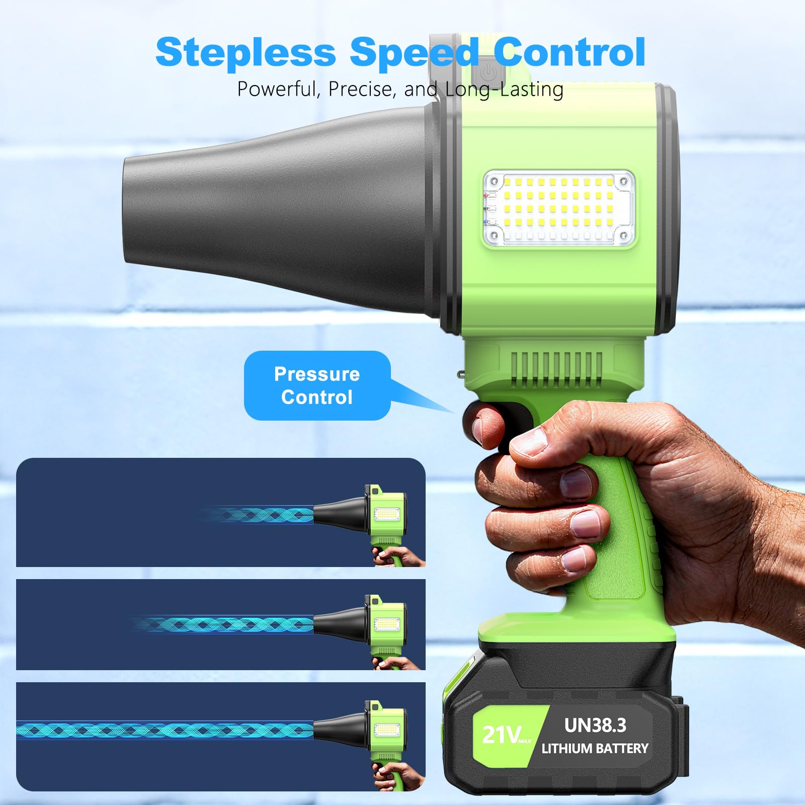 DEGGE Soplador de hojas sin escobillas inalámbrico, sopladores de hojas de mano con luz de trabajo LED, dos boquillas intercambiables, soplador turbo para cuidado del césped, limpieza de patio, polvo