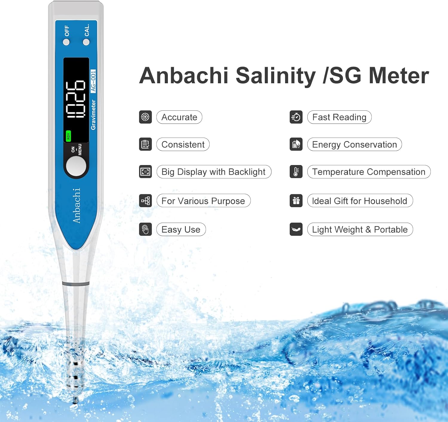Digital Salinity Meter 3-in-1 Saltwater Tester – Specific Gravity, Salinity & Temperature Pen Hydrometer, High Accuracy Water Quality Tester for Aquarium, Marine, Pool, Hydroponics, Aquaculture