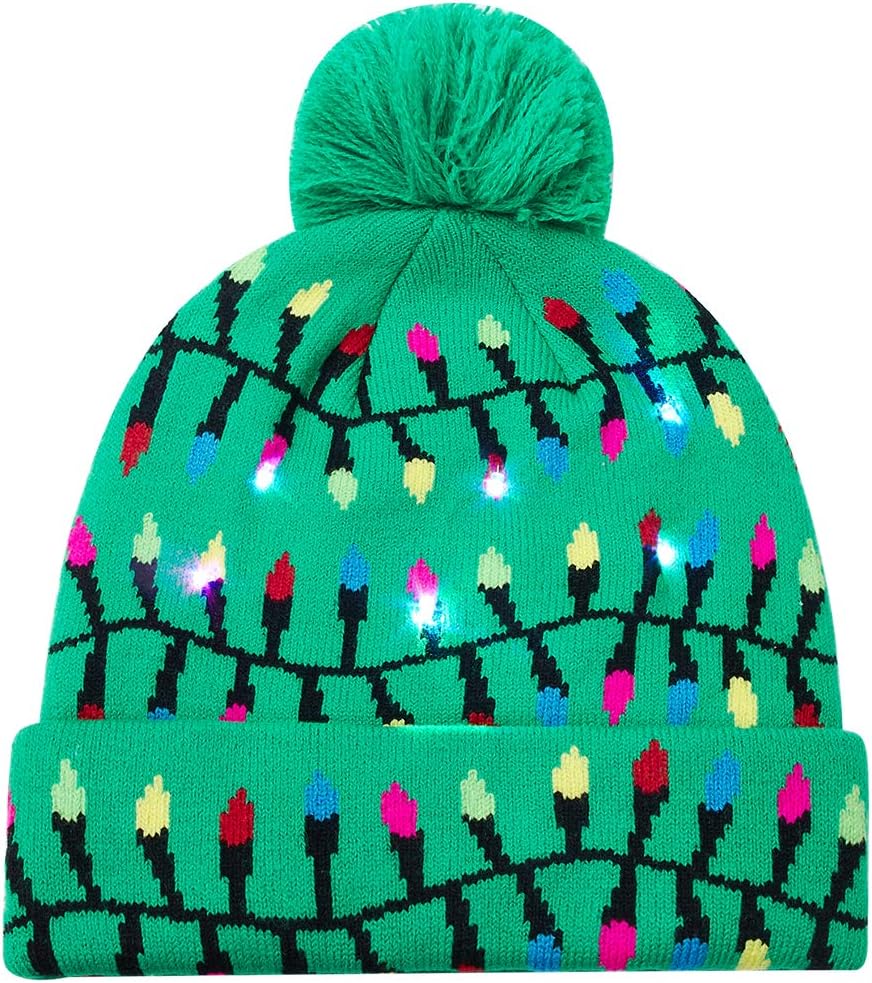 uideazone Ugly Christmas Sweater Hat for Men Women Led Green Xmas Knitted Beanie Hats with 6 Colorful Lights