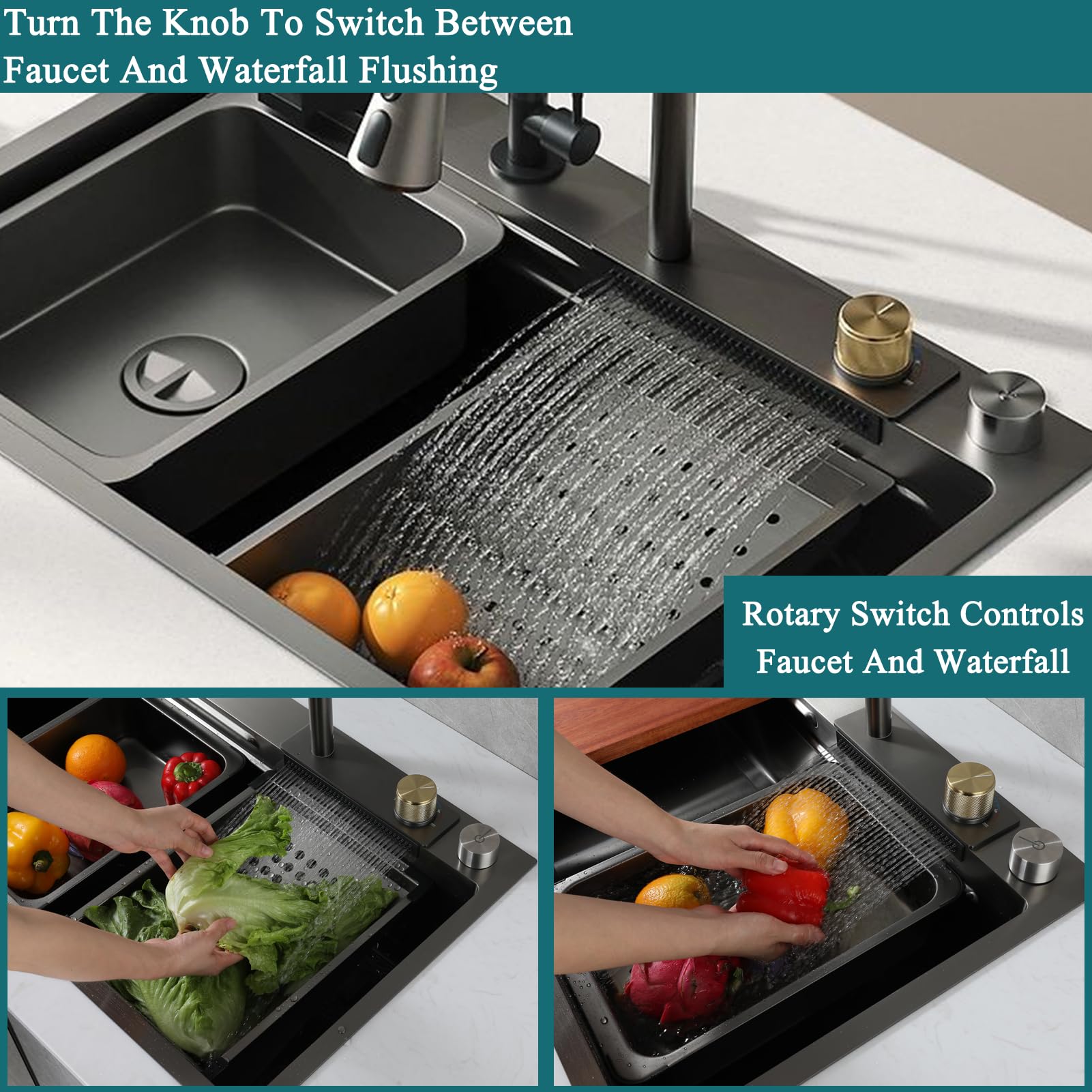 Fregadero de cocina de 85 x 50 cm, de montaje superior, de acero inoxidable, con lavabo individual, multifuncional, con grifo extraíble y accesorios completos