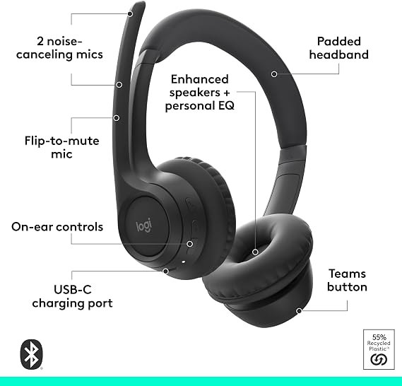 Logitech Zone 305 للأعمال، سماعة بلوتوث لاسلكية مع ميكروفون، بلوتوث أصلي، لـ Microsoft Teams، متوافقة مع Windows وMac وChrome وLinux وiOS وiPadOS وAndroid