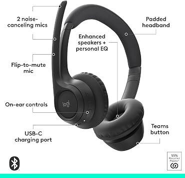 Logitech Zone 305 للأعمال، سماعة بلوتوث لاسلكية مع ميكروفون، بلوتوث أصلي، لـ Microsoft Teams، متوافقة مع Windows وMac وChrome وLinux وiOS وiPadOS وAndroid