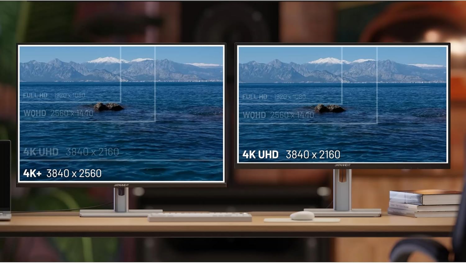 Rear view of the JAPANNEXT JN-282i4KP-HSP monitor showing the input ports: 2x DisplayPort 1.4, 2x HDMI 2.0, and a 3.5mm audio jack.