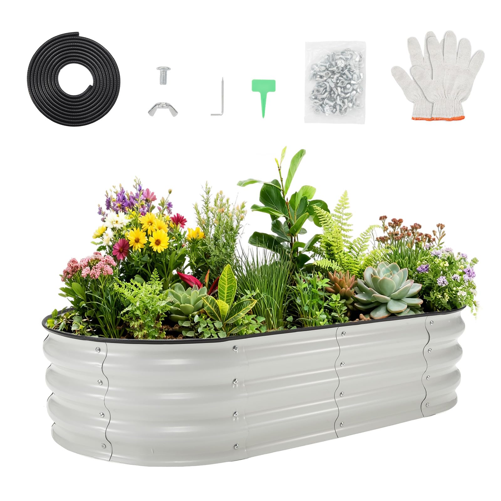 Aptliton White Galvanized Raised Garden Bed Kit 4Ft×2Ft×1Ft, Oval Metal Planter Box With Rubber Edging & Tools, Outdoor Raised Planter For Vegetables Flowers Herbs,