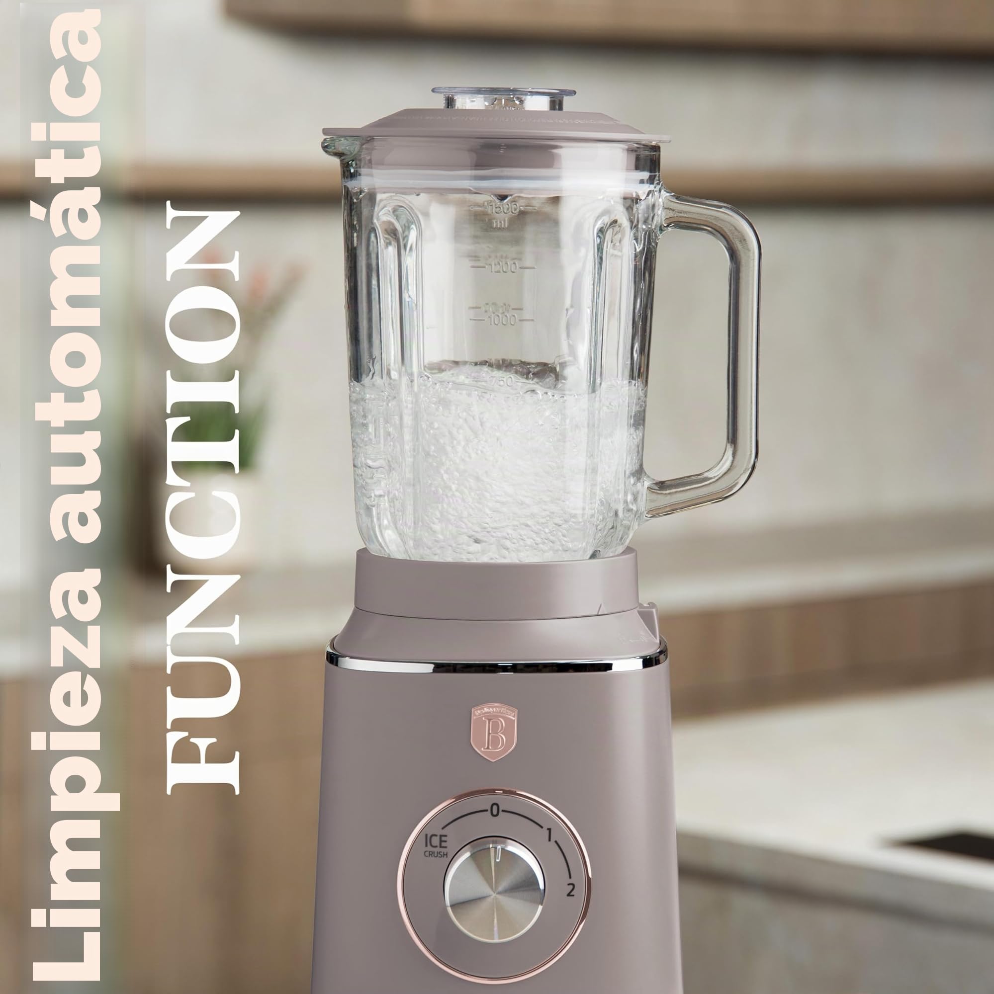 Berlinger Haus Batidora de Mesa 1000W con Jarra de Vidrio 1.5L, Función Smoothie y Tritura Hielo, Cuchillas de Acero Inoxidable, Protección Contra Sobrecalentamiento, Color Taupe Mate
