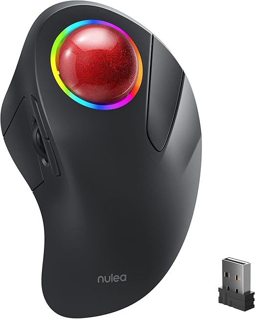 Wireless Trackball Mouse, Rechargeable Ergonomic RGB Rollerball Mouse, Easy Index Finger Control
