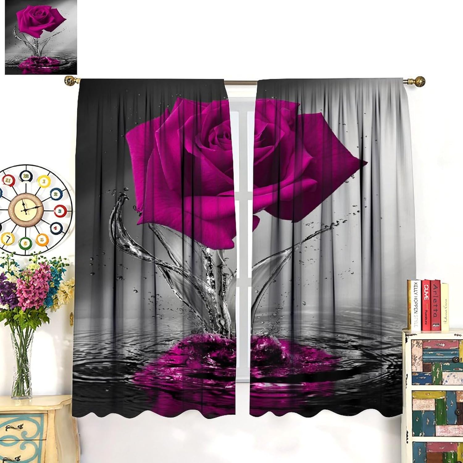Purple Rose Curtains Blooming Floral Spring Flower Water Reflection Modern Romantic Curtain with Rod Pocket for Bedroom Living Room Home Drapes Window Treatments 2 Panels Set 42" W X 54" L