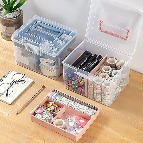 Miniatura 9 de Caja organizadora de suministros de plástico transparente para artes y manualidades, caja grande con una bandeja extraíble, una partición y asa,