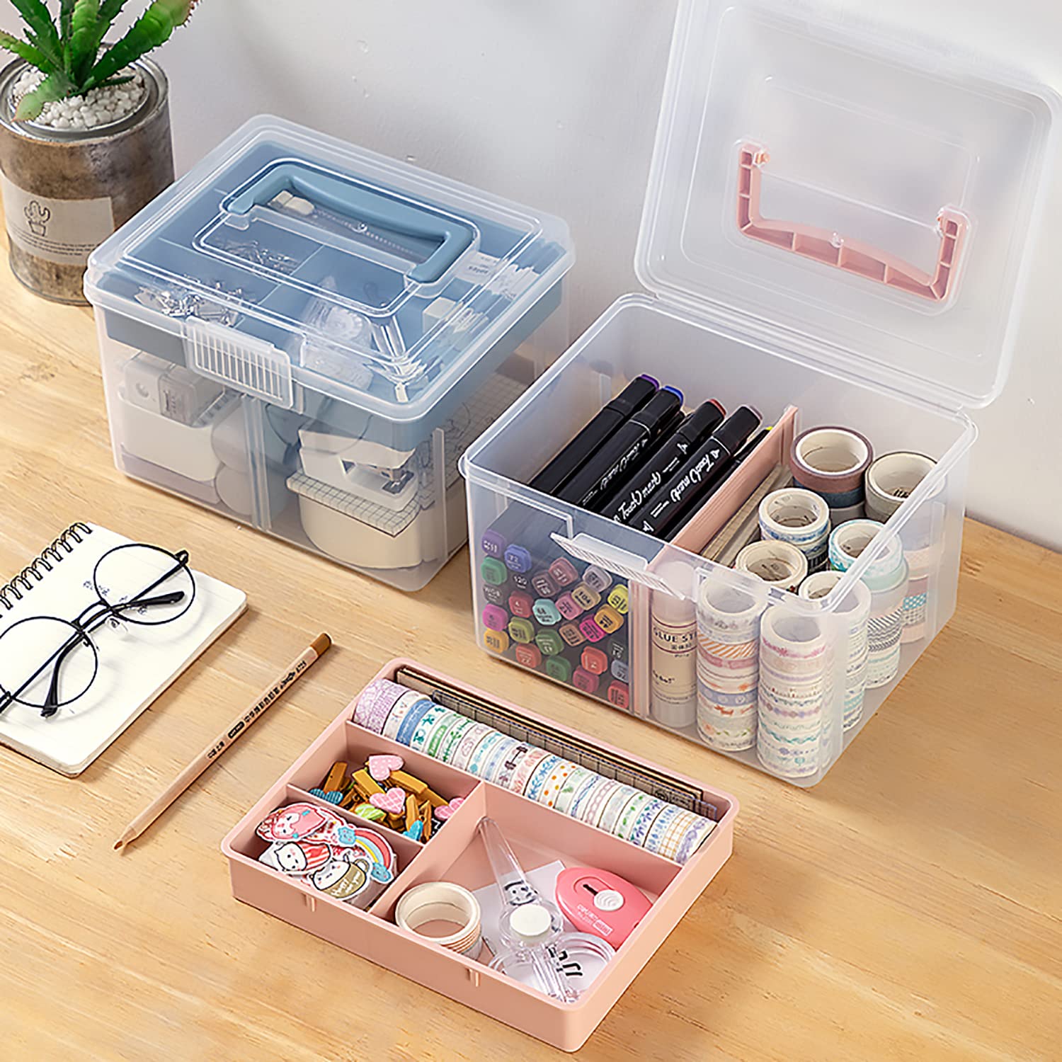 Caja de almacenamiento pequeña de plástico transparente con asa y una bandeja extraíble y divisor ajustable, caja de arte para niños, estudiantes, niños, organizador de escritorio, caja de