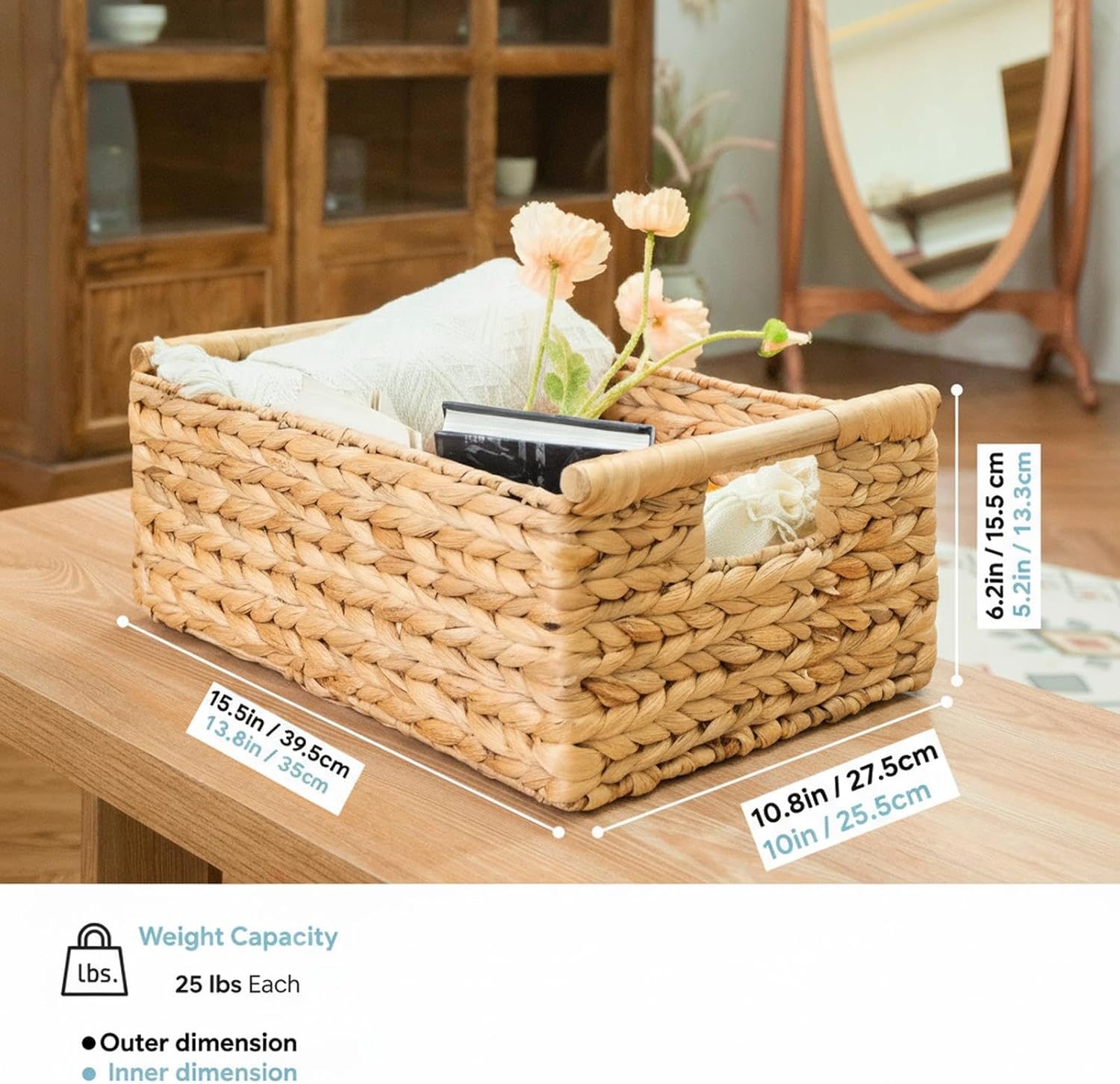 Large Rectangular Water Hyacinth Wicker Basket Wooden Handles Storage Organizer