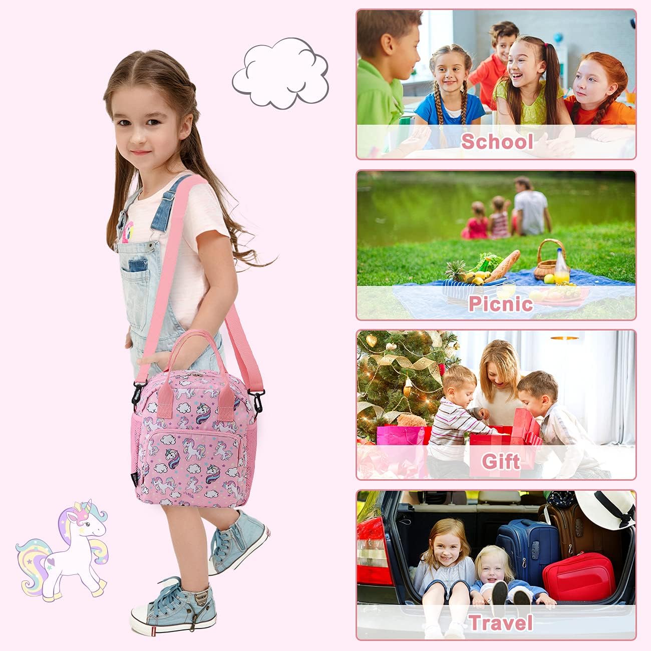 RAVUO Unicorn Lunch Bag Water Resistant Insulated Cute Girls Lunch Box for Kids Reusable Lunch Tote with Detachable Shoulder Strap