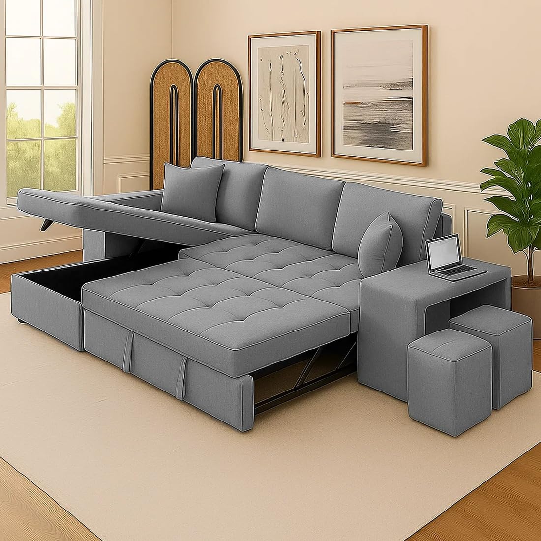 FURNY Holland 6 Seater Fabric LHS L Shape Pull Out Sofa Cum Bed with Storage & 2 Puffy for Living Room (Light Grey) FURNY Holland 6 Seater Fabric LHS L Shape Pull Out Sofa Cum Bed with Storage & 2 Puffy for Living Room (Light Grey)