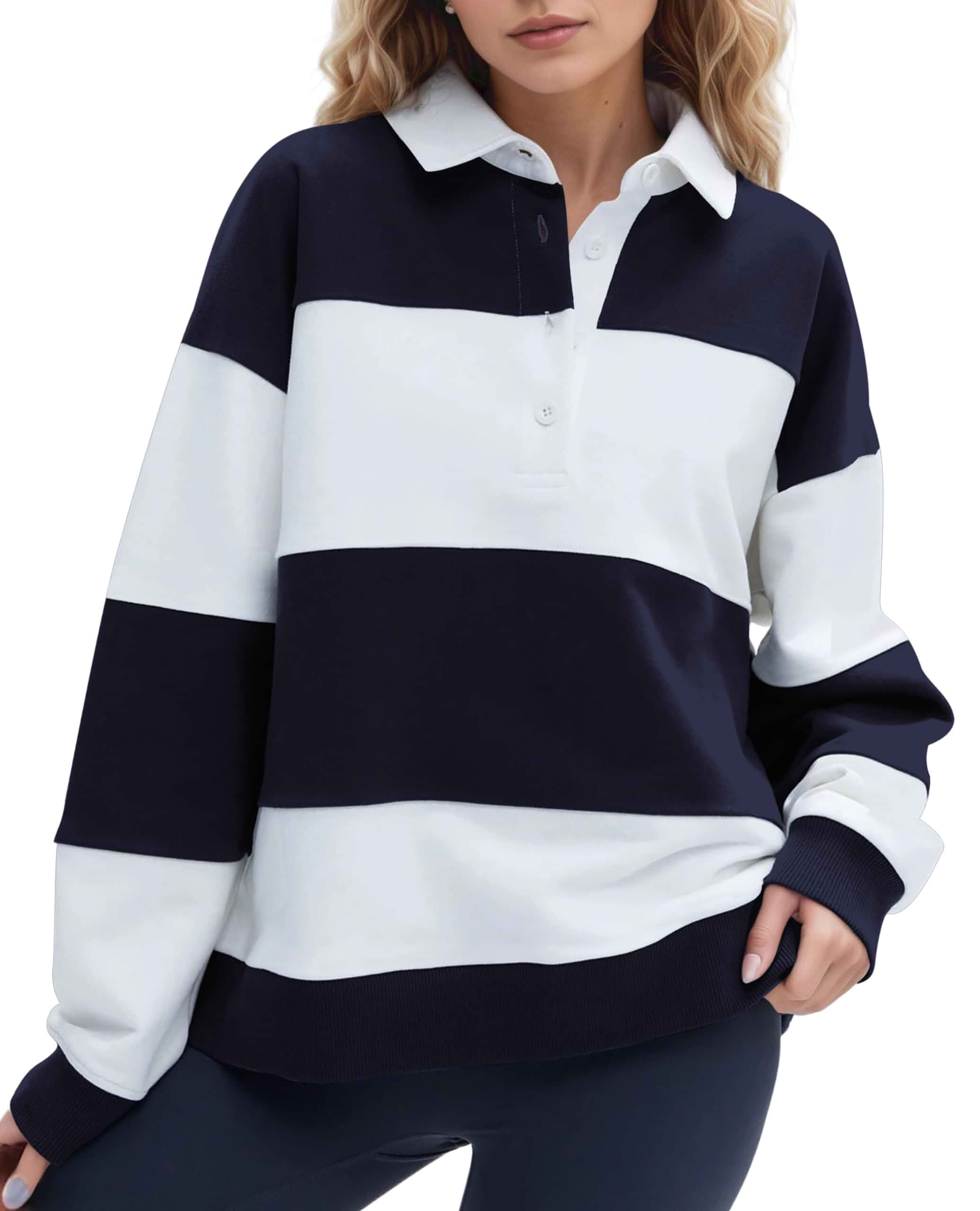 Women Striped Color Block Polo Sweatshirt Lapel Collared Long Sleeve Oversized Rugby Shirt 2025 Trendy Fall Clothes Adult · Long Sleeve