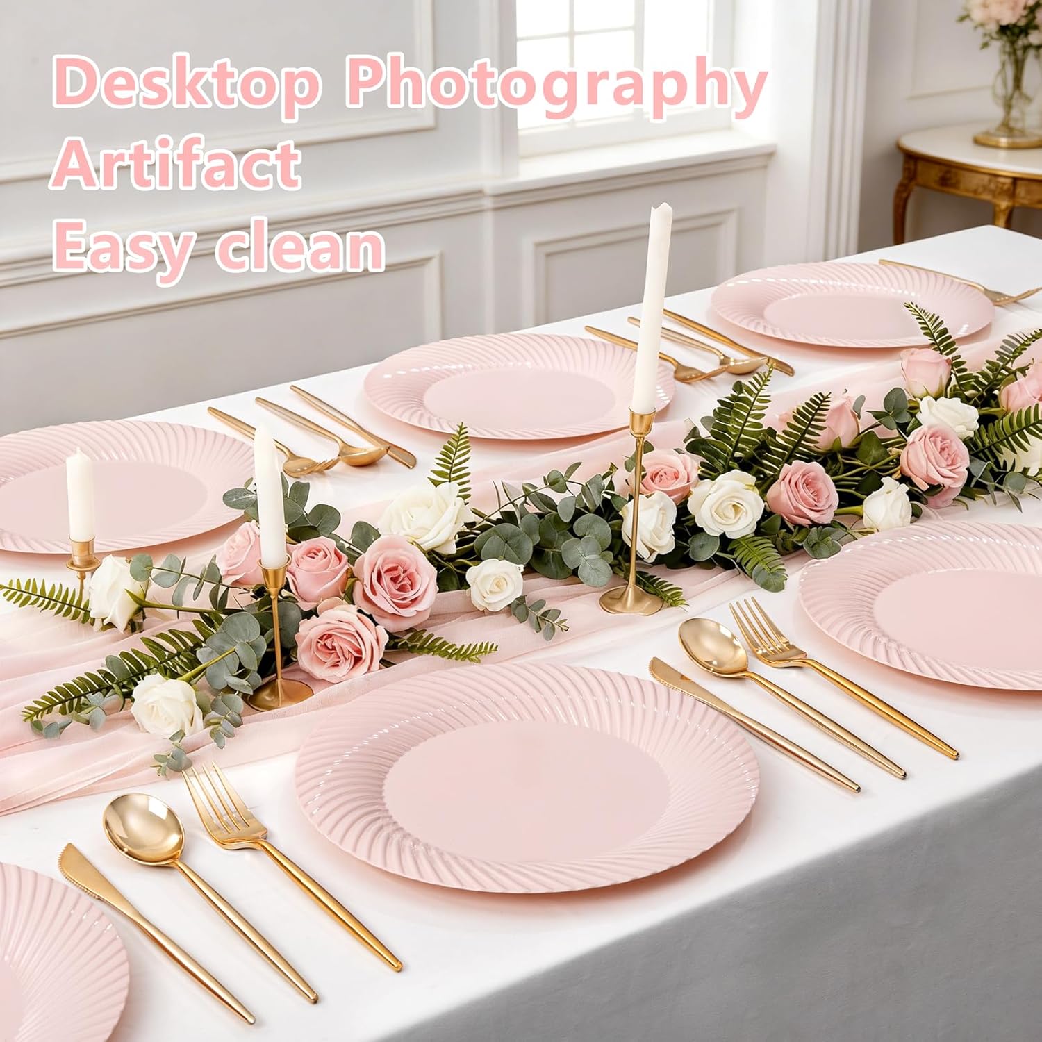 IOOOOO10 Inch Pink Plastic Plates, 100 Count Pink Plastic Dinner Plates,Disposable Heavy Duty Dinner Plates,Premium Hard Gold Disposable Plates for Party, Weddings & Events