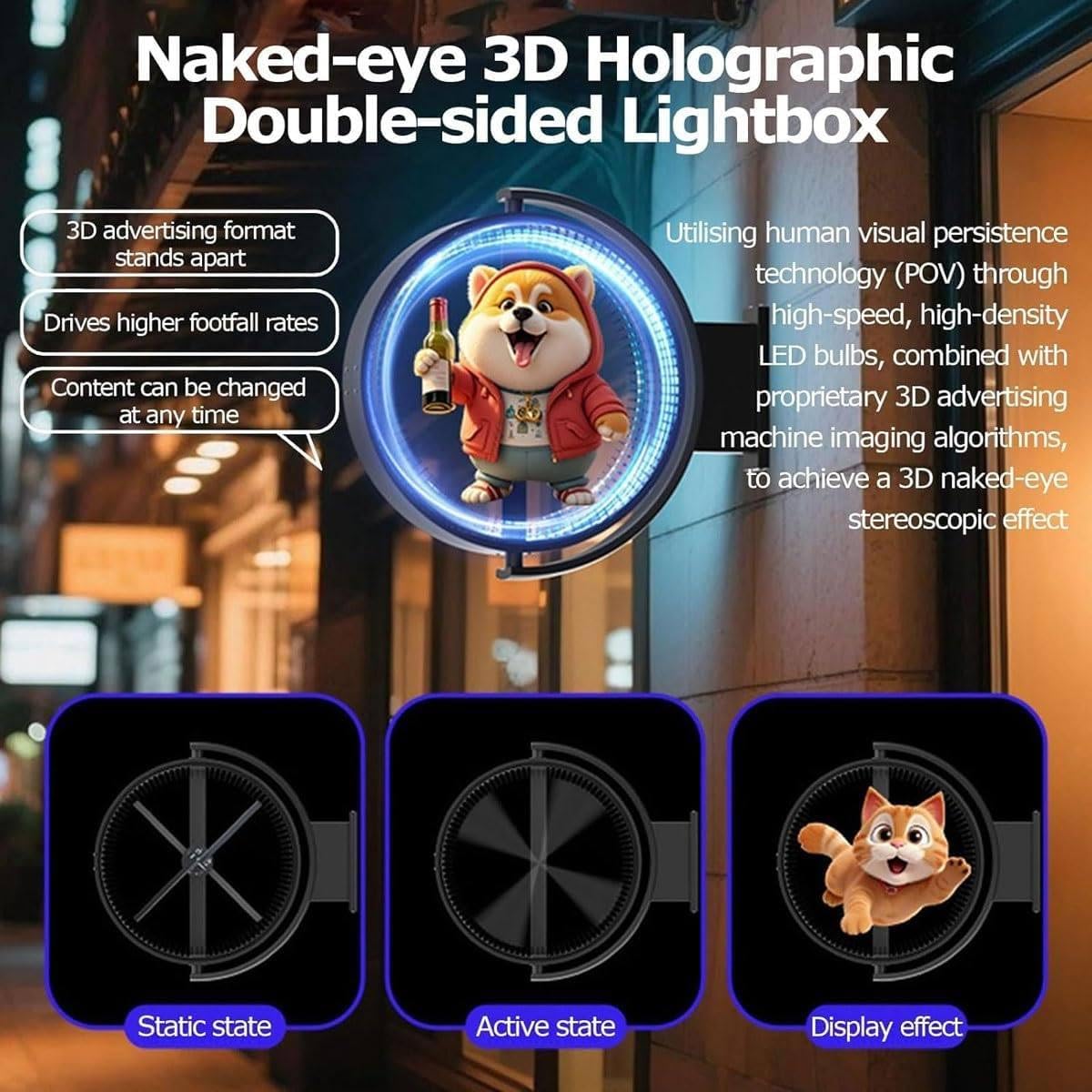 Proyector holográfico 3D, Pantalla publicitaria 3D de Doble Cara, Letrero LED Giratorio Resistente al Agua, con imágenes y Videos Personalizados, para Negocios 50cm