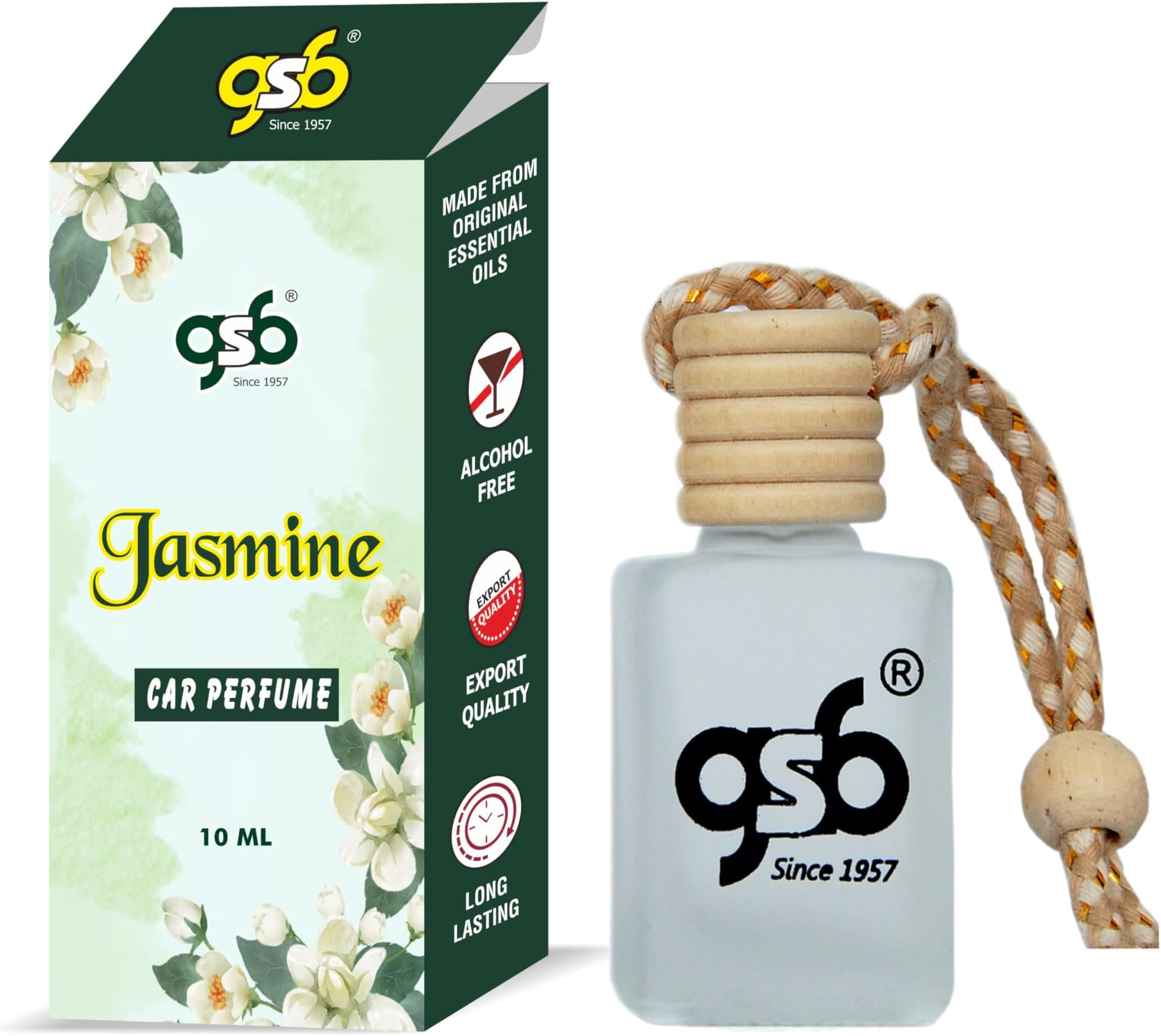 - GSB Jasmine Hanging Car Air Freshener | Long Lasting Car Perfume | Natural And Real Fragrance In Glass Bottle With Wooden Diffuser Lid | 10 Ml