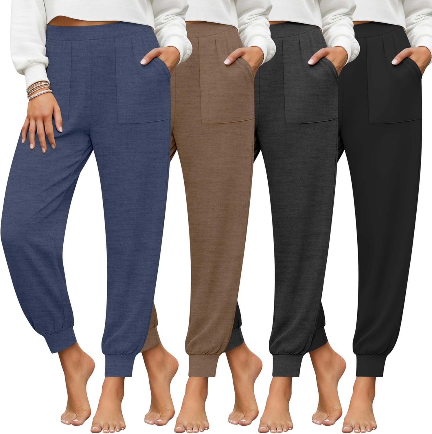 4 Pack Women's Yoga Joggers, Cozy Lounge Pants with Pockets Loose Casual Gym Athletic Sweatpants Comfy Cuffed Pants