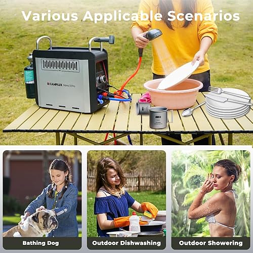 Miniatura 3 de CAMPLUX Calentador de agua portátil Nano 3 Pro de propano de 1 libra, calentador de agua de campamento de mesa y bomba de ducha con batería